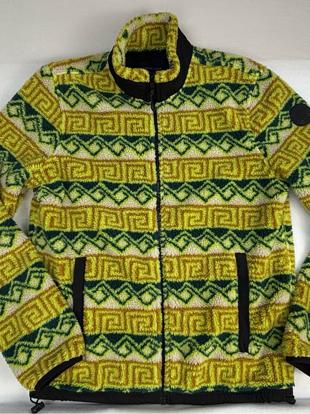 American Eagle Outfitters Yellow and Green Patterned Sherpa Zip Jacket